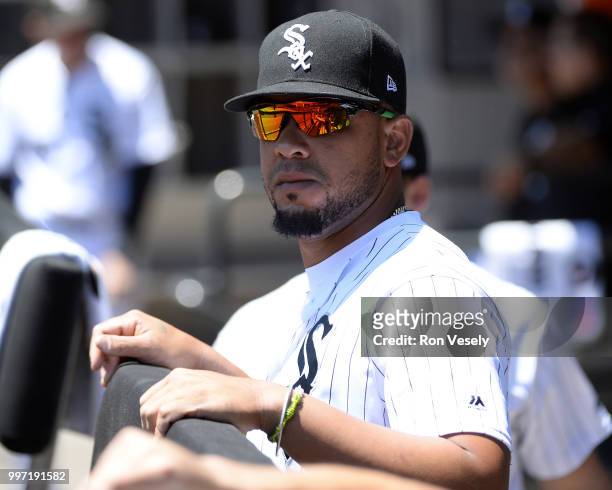 Jose Abreu of the Chicago White Sox looks on against the Oakland Athletics on June 23, 2018 at Guaranteed Rate Field in Chicago, Illinois.