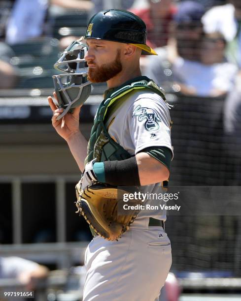 Jonathan Lucroy of the Oakland Athletics catches against the Chicago White Sox on June 23, 2018 at Guaranteed Rate Field in Chicago, Illinois.