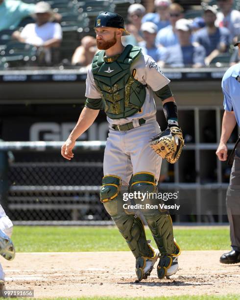 Jonathan Lucroy of the Oakland Athletics catches against the Chicago White Sox on June 23, 2018 at Guaranteed Rate Field in Chicago, Illinois.