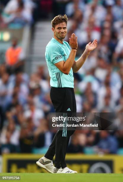 Mathew Pillans of Surrey celebrates dismissing Adam Wheater of Essex during the Vitality Blast match between Surrey and Essex Eagles at The Kia Oval...