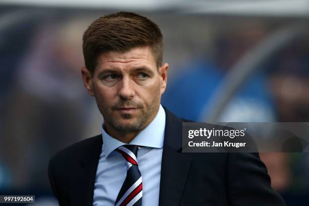 Steven Gerrard manager of Rangers looks on during the UEFA Europa League Qualifying Round match between Rangers and Shkupi at Ibrox Stadium on July...