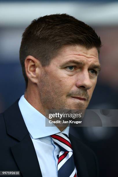 Steven Gerrard manager of Rangers looks on during the UEFA Europa League Qualifying Round match between Rangers and Shkupi at Ibrox Stadium on July...