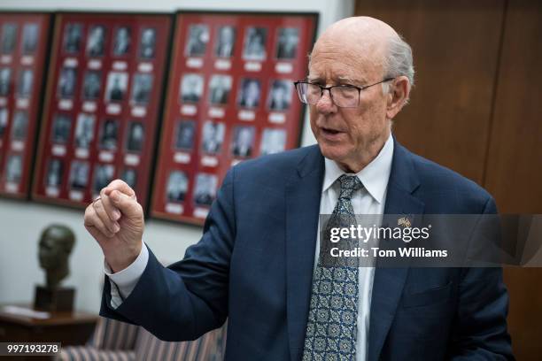 Senate Agriculture Committee Chairman Pat Roberts, R-Kan., prepares for a CQ podcast with ranking member Sen. Debbie Stabenow, D-Mich., in Hart...