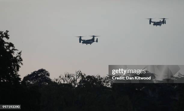 Osprey helicopters, part of the US president's security detail as U.S. President Donald Trump and First Lady Melania Trump arrive at Blenheim Palace...