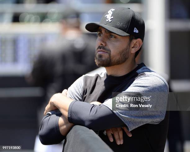 Joakim Soria of the Chicago White Sox looks on during the game against the Oakland Athletics on June 23, 2018 at Guaranteed Rate Field in Chicago,...