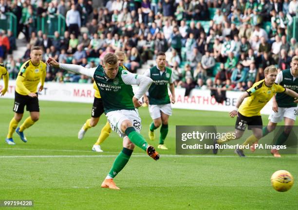 Hibernian's Flo Kamberi scores his side's first goal of the game from the penalty spot during the Europa League, Qualifying Round One, First Leg...