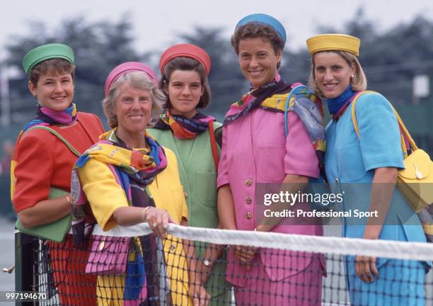 The Great Britain Federation Cup team Clare Wood, Ann Hones , Samantha Smith, Jo Durie and Monique Javer, pose together during the opening ceremony...