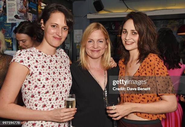 Phoebe Waller-Bridge, Vicky Jones and Tuppence Middleton attend the press night after party for "The One" at Soho Theatre on July 12, 2018 in London,...