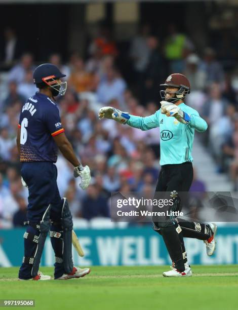 Ben Foakes of Surrey celebrates dismissing Tom Westley of Essex Eagles during the Vitality Blast match between Surrey and Essex Eagles at The Kia...