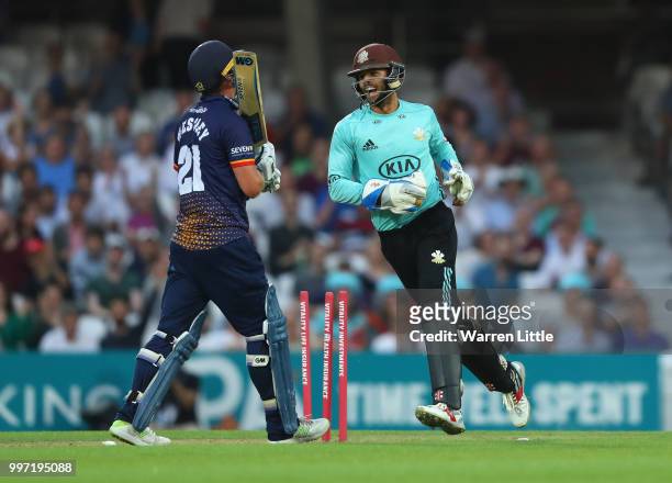 Ben Foakes of Surrey celebrates dismissing Tom Westley of Essex Eagles during the Vitality Blast match between Surrey and Essex Eagles at The Kia...
