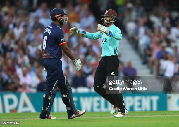 Ben Foakes of Surrey celebrates dismissing Tom Westley of Essex Eagles during the Vitality Blast match between Surrey and Essex Eagles at The Kia...