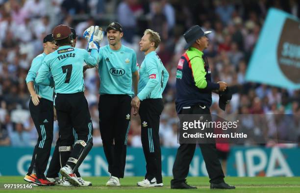 Ben Foakes of Surrey celebrates dismissing Tom Westley of Essex Eagles during the Vitality Blast match between Surrey and Essex Eagles at The Kia...