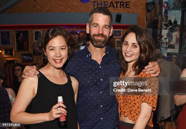 Julia Sandiford, John Hopkins and Tuppence Middleton attend the press night after party for "The One" at Soho Theatre on July 12, 2018 in London,...