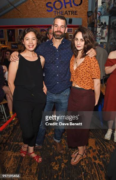 Julia Sandiford, John Hopkins and Tuppence Middleton attend the press night after party for "The One" at Soho Theatre on July 12, 2018 in London,...