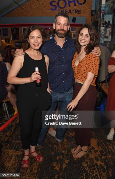 Julia Sandiford, John Hopkins and Tuppence Middleton attend the press night after party for "The One" at Soho Theatre on July 12, 2018 in London,...