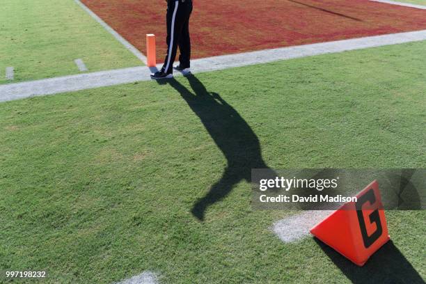 american football referee standing near goal line marker - goal line stock pictures, royalty-free photos & images