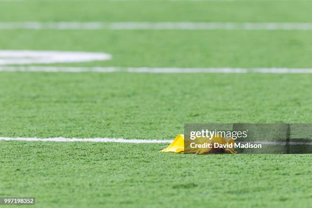 penalty flag laying on american football field - penalty flag stock pictures, royalty-free photos & images