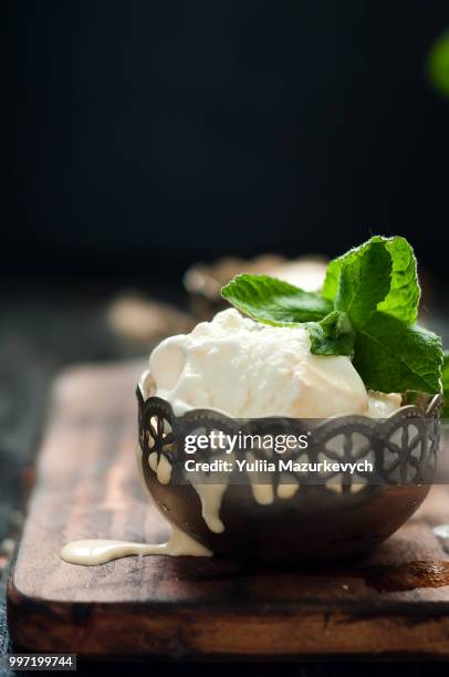 vanilla ice cream with mint leaves in an iron bowl - mint ice cream stock pictures, royalty-free photos & images
