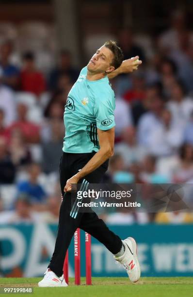 Morne Morkel of Surrey bowls during the Vitality Blast match between Surrey and Essex Eagles at The Kia Oval on July 12, 2018 in London, England.