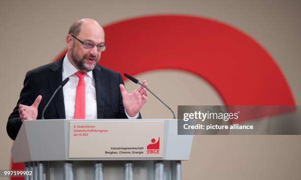 The Social Democratic Party's chairman Martin Schulz speaks during the trades union congress of the 'Industriegewerkschaft Bergbau, Chemie, Energie '...