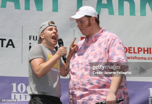 Jesse JP Johnson and Danny Skinner from the cast of "SpongeBob SquarePants" performs at 106.7 LITE FM's Broadway In Bryant Park at Bryant Park on...