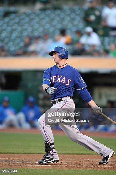 Justin Smoak of the Texas Rangers hitting during the game against the Oakland Athletics at the Oakland Coliseum on May 3, 2010 in Oakland,...