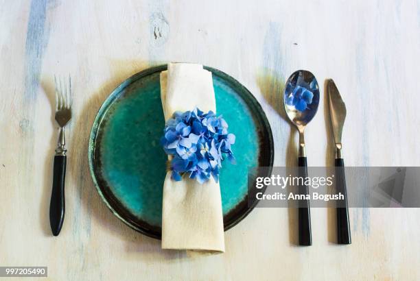hydrangea flowers and table setting - georgia steel stock pictures, royalty-free photos & images