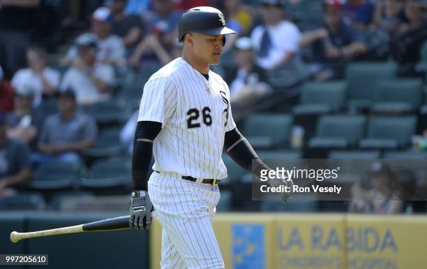 Avisail Garcia of the Chicago White Sox looks on against the Minnesota Twins on June 28, 2018 at Guaranteed Rate Field in Chicago, Illinois.
