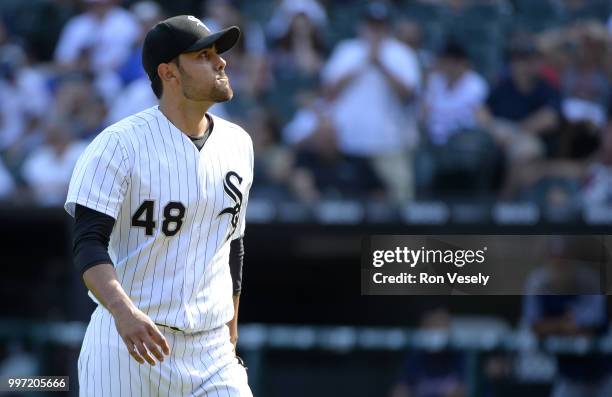 Joakim Soria of the Chicago White Sox looks on against the Minnesota Twins on June 28, 2018 at Guaranteed Rate Field in Chicago, Illinois.