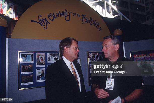 Dick Pound of the International Olympic Committee visits the CNN Center/Visa and Centennial Club during the 1996 Centennial Olympic Games in Atlanta...