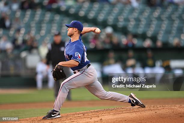 Rich Harden of the Texas Rangers pitching during the game against the Oakland Athletics at the Oakland Coliseum on May 3, 2010 in Oakland,...