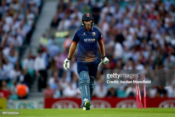 Tom Westley of Essex walks off after being dismissed by Gareth Batty of Surrey during the Vitality Blast match between Surrey and Essex Eagles at The...