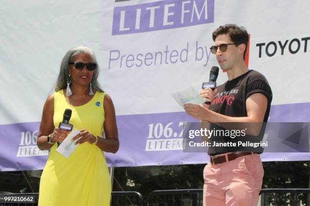 Host Helen Little and Alex Mandell attend 106.7 LITE FM's Broadway In Bryant Park at Bryant Park on July 12, 2018 in New York City.