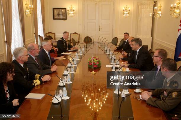 Secretary of Defense James Mattis and Croatian Prime Minister Andrej Plenkovic attend inter-delegation meeting in Zagreb, Croatia on July 12, 2018.