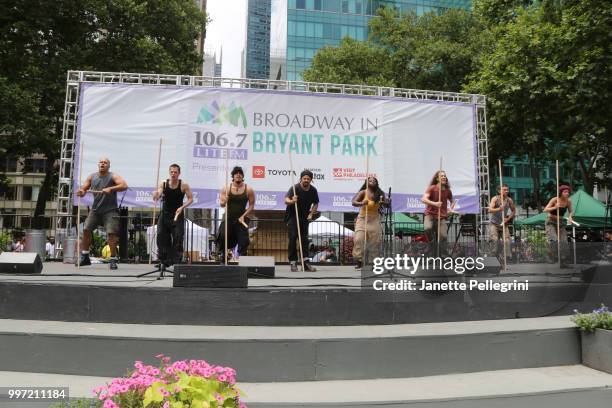 The cast of "STOMP" performs at 106.7 LITE FM's Broadway In Bryant Park at Bryant Park on July 12, 2018 in New York City.