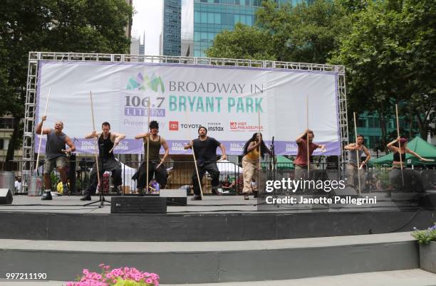 The cast of "STOMP" performs at 106.7 LITE FM's Broadway In Bryant Park at Bryant Park on July 12, 2018 in New York City.