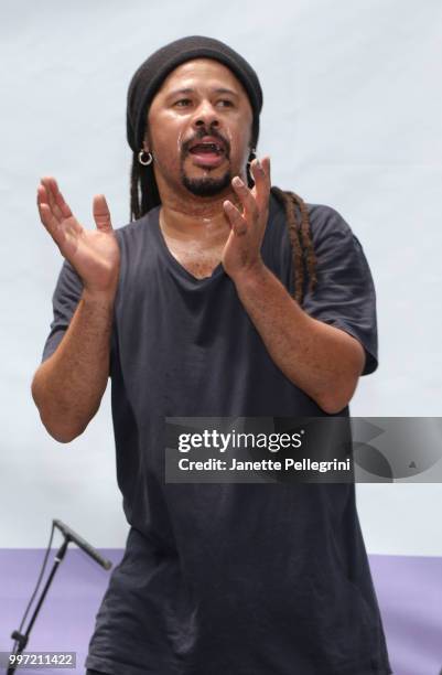 Marivaldo Dos Santos from the cast of "STOMP" performs at 106.7 LITE FM's Broadway In Bryant Park at Bryant Park on July 12, 2018 in New York City.