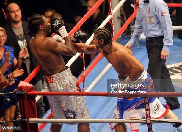 David Haye lands a punch in the third round as he beats Audley Harrison during the WBA Heavyweight Title Fight named the "Battle of Britain" at the...