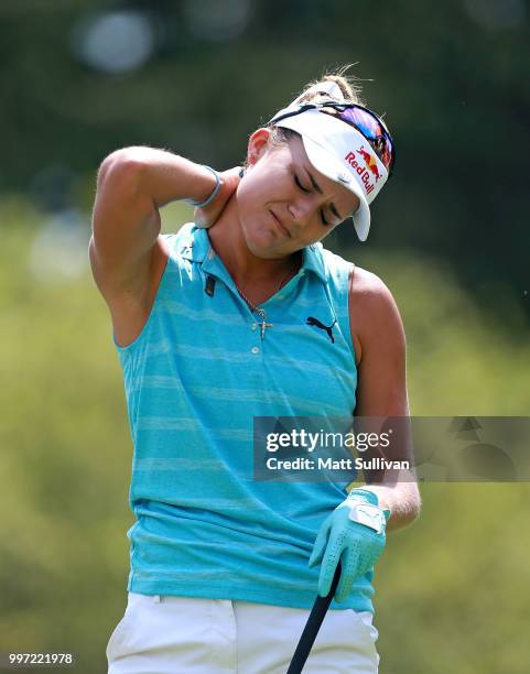 Lexi Thompson reacts to her tee shot on the seventh hole during the first round of the Marathon Classic Presented By Owens Corning And O-I on July...