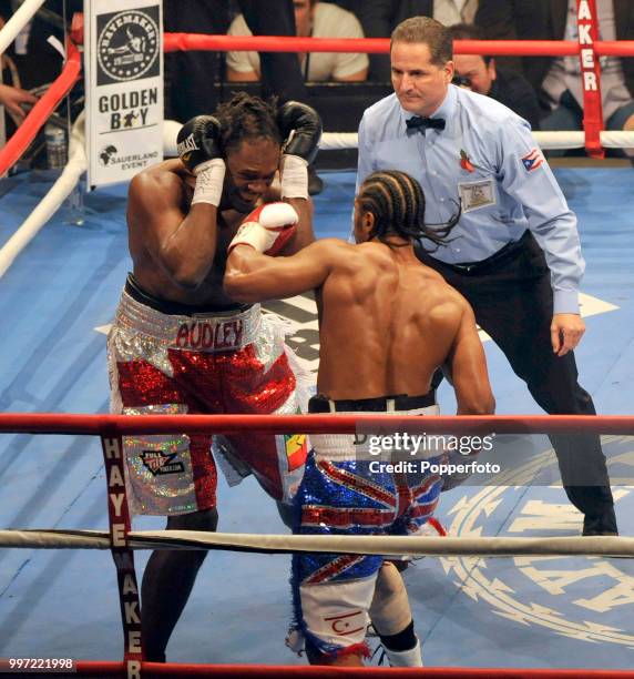 David Haye cuts loose on Audley Harrison until the referee Luis Pabon stopped fight in third round after a barrage of blows from Haye during the WBA...