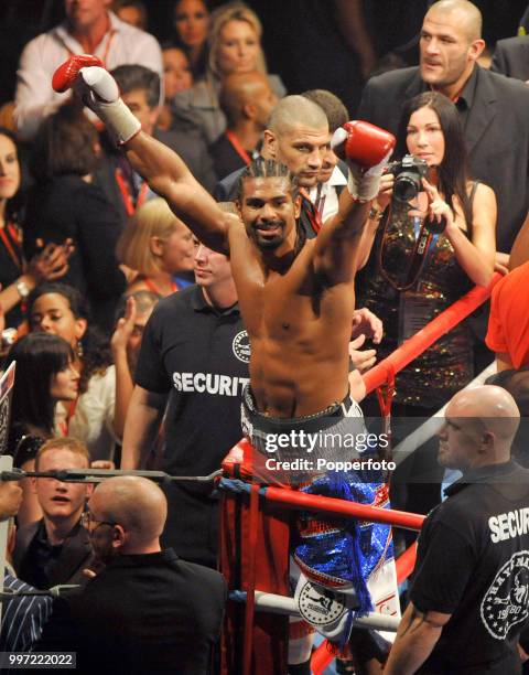 David Haye celebrates after beating Audley Harrison when the referee stopped the fight in the third round of the WBA Heavyweight Title Fight named...