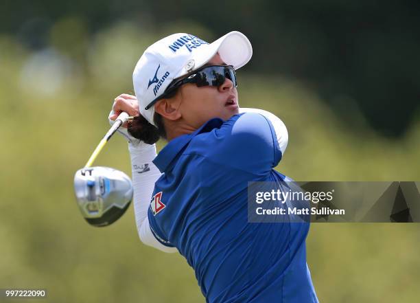 Sei Young Kim of South Korea watches her tee shot on the seventh hole during the first round of the Marathon Classic Presented By Owens Corning And...