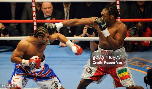 Audley Harrison lands his only scoring punch on David Haye during the WBA Heavyweight Title Fight named the "Battle of Britain" at the MEN Arena on...