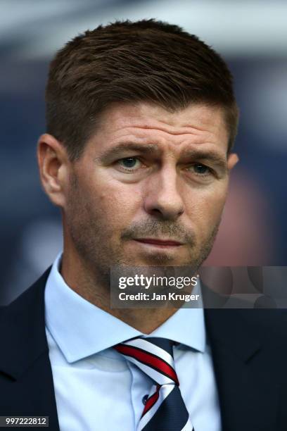 Steven Gerrard manager of Rangers looks on during the UEFA Europa League Qualifying Round match between Rangers and Shkupi at Ibrox Stadium on July...