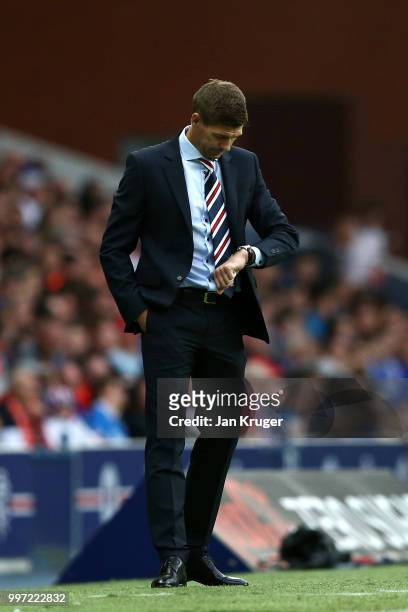 Steven Gerrard manager of Rangers looks on during the UEFA Europa League Qualifying Round match between Rangers and Shkupi at Ibrox Stadium on July...
