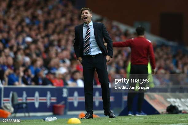 Steven Gerrard manager of Rangers looks on during the UEFA Europa League Qualifying Round match between Rangers and Shkupi at Ibrox Stadium on July...