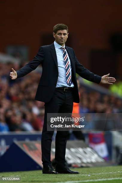 Steven Gerrard manager of Rangers looks on during the UEFA Europa League Qualifying Round match between Rangers and Shkupi at Ibrox Stadium on July...