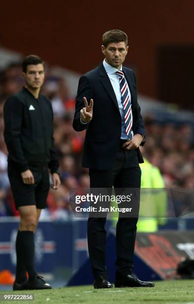Steven Gerrard manager of Rangers looks on during the UEFA Europa League Qualifying Round match between Rangers and Shkupi at Ibrox Stadium on July...