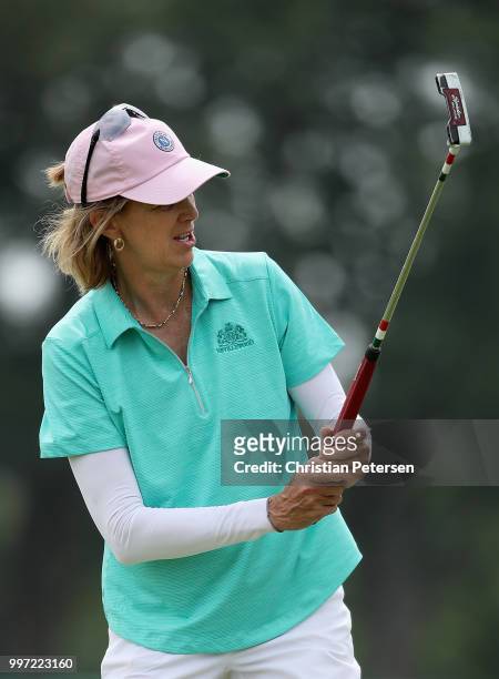 Missie Berteotti reacts to her putt on the 18th green during the first round of the U.S. Senior Women's Open at Chicago Golf Club on July 12, 2018 in...