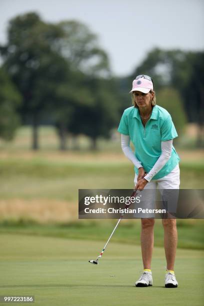 Missie Berteotti prepares to putt on the 18th green during the first round of the U.S. Senior Women's Open at Chicago Golf Club on July 12, 2018 in...